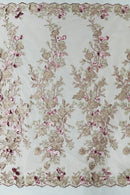 Rose Plant Design Sequins Fabric - Dusty Rose - Embroidered Sequins Rose Pattern on Lace By Yard