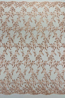 Dusty Rose Metallic Thread Leaf Design Embroidered With Sequins on a Mesh Lace Fabric by the Yard