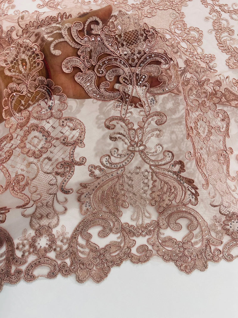 King Lace Design Fabric - Dusty Rose - King Design with Sequins Embroidered On Mesh By Yard