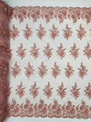 3D Floral Valentina Lace Fabric - Dusty Rose - Sequins and Beads on Flower Design Fabric By Yard