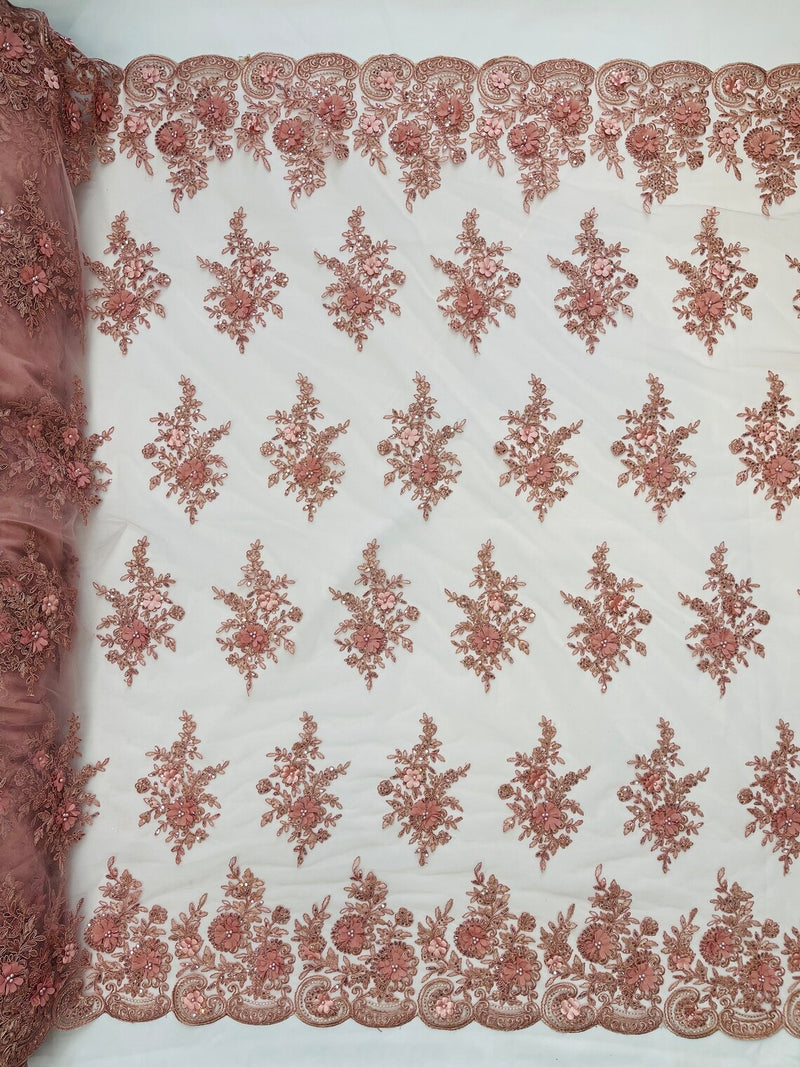 3D Floral Valentina Lace Fabric - Dusty Rose - Sequins and Beads on Flower Design Fabric By Yard