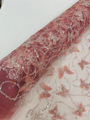 3D Butterfly Sequins Bead Fabric - Dusty Rose - Sequins Embroidered Beaded Fabric By Yard