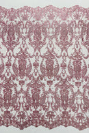 Rhinestone Design Fabric - Dusty Rose - Beaded Damask Design Embroidery Corded Lace  by Yard