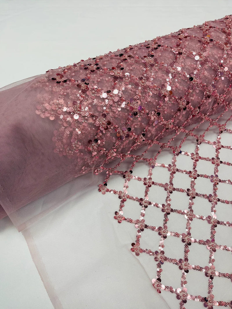 Diamond Net Bead Fabric - Dusty Rose - Geometric Embroidery Beaded Sequins Fabric Sold By The Yard