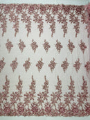 Rose Beaded Sequin Fabric - Dusty Rose - Embroidered Floral Pattern with Beads and Sequins By Yard
