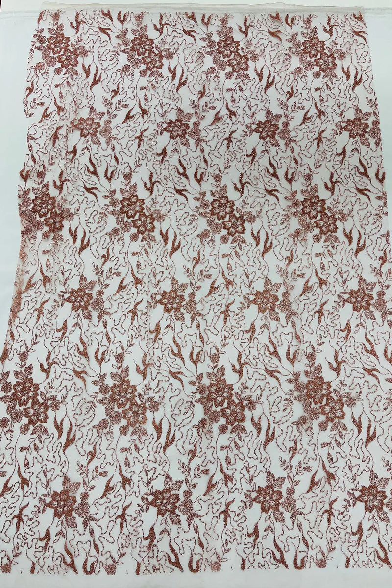 Floral Glitter Design Fabric - Dusty Rose - 3D Glitter Tulle Flower Plant Design Fabric By Yard