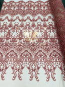 Damask Beaded Glam Fabric - Dusty Rose - Embroidery Beaded Fabric with Round Beads Sold By The Yard