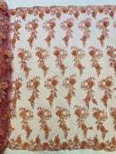 3D Floral Cluster with Border Lace - Dusty Rose - Flower with Leaves Design 3D Fabrics Sold By Yard