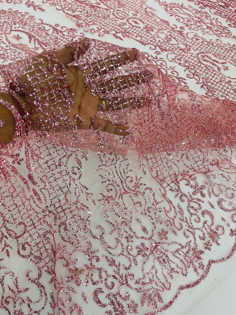 Long Damask Glitter Fabric - Dusty Rose - Tulle Glitter Mesh Glitter Design Fabric Sold By Yard