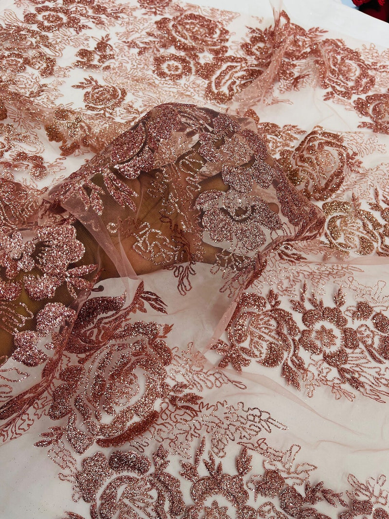 Rose Tulle Glitter Design Fabric - Dusty Rose - 3D Glitter Tulle Rose Plant Design Fabric By Yard