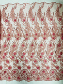3D Floral Leaf Line Panels - Dusty Rose - 3D Embroidered Flower Lines with Pearls on Lace By Yard