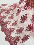 Damask Flower Lace Fabric - Dusty Rose - Damask Flowers Embroidered on Lace Fabric By Yard