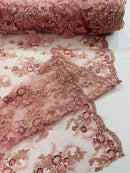 Beaded Sequins Floral Fabric - Dusty Rose - Embroidered Beaded Floral Clusters Sequins Fabric By Yard