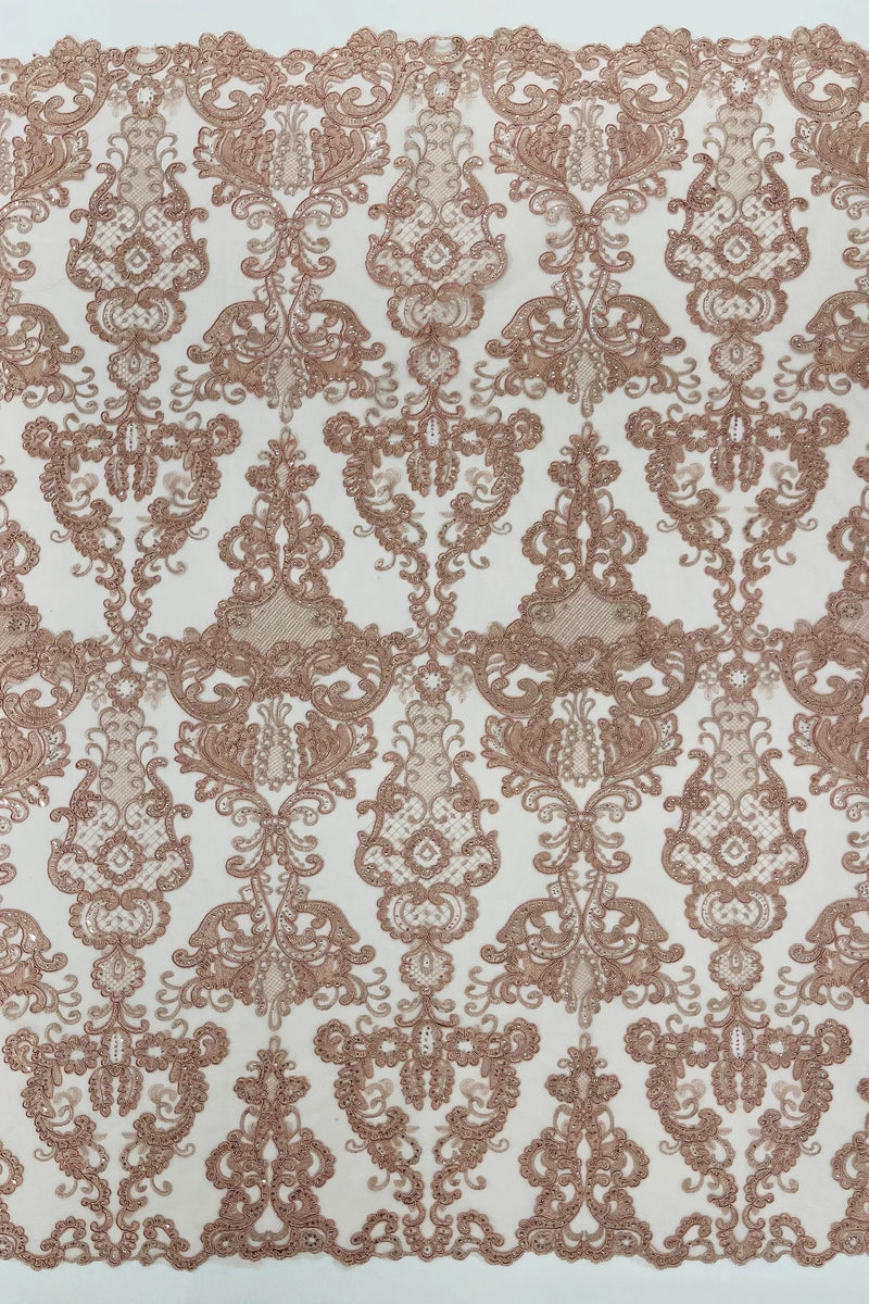 King Lace Design Fabric - Dusty Rose - King Design with Sequins Embroidered On Mesh By Yard