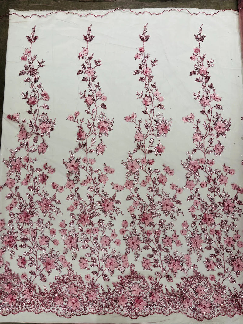 3D Glitter Floral Fabric - Dusty Rose - Glitter Sequin Flower Design on Lace Mesh Fabric by Yard