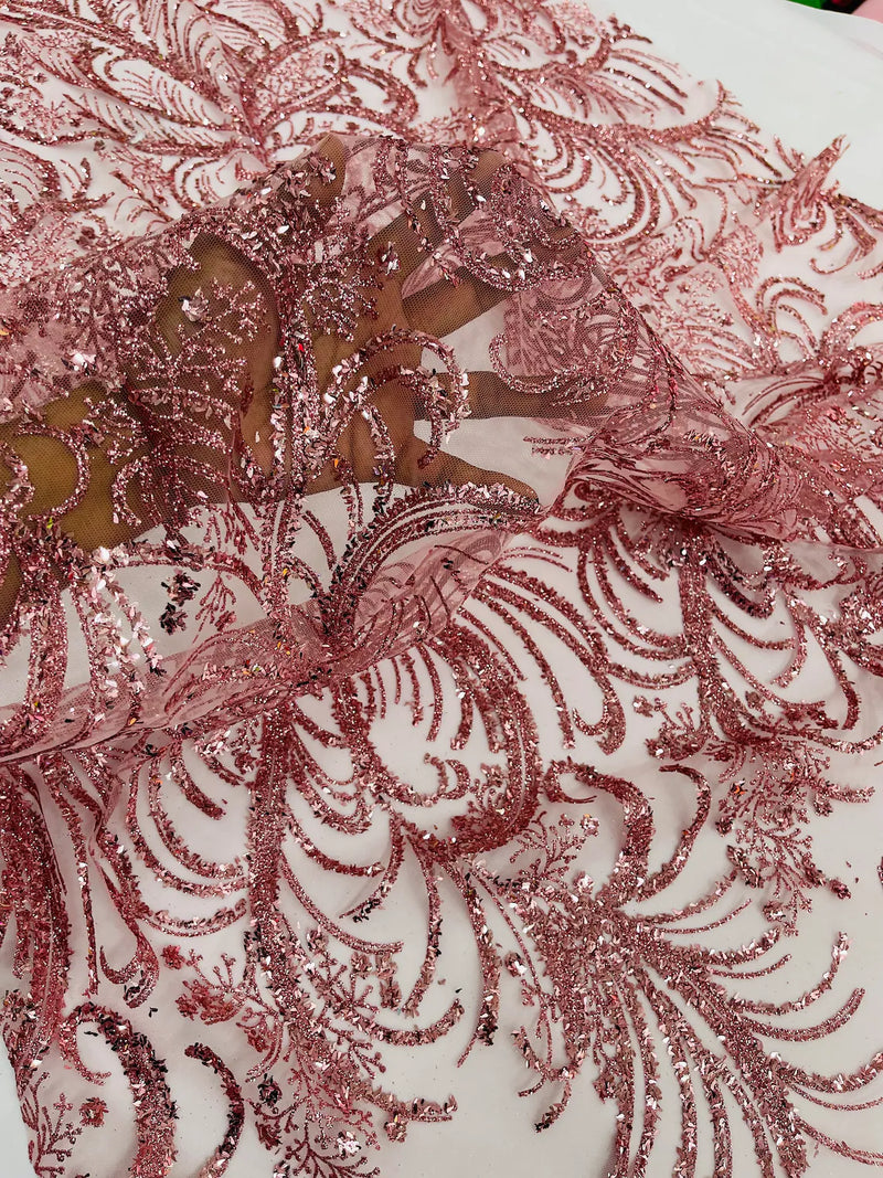 Palm Leaf Design Glitter Fabric - Dusty Rose - Tulle Glitter Mesh Line Design Fabric Sold By Yard