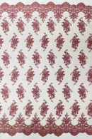 Damask Flower Lace Fabric - Dusty Rose - Damask Flowers Embroidered on Lace Fabric By Yard
