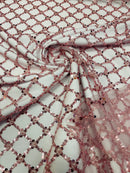 Diamond Net Bead Fabric - Dusty Rose - Geometric Embroidery Beaded Sequins Fabric Sold By The Yard