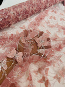 3D Butterfly Sequins Bead Fabric - Dusty Rose - Sequins Embroidered Beaded Fabric By Yard