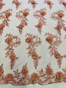 3D Floral Cluster with Border Lace - Dusty Rose - Flower with Leaves Design 3D Fabrics Sold By Yard