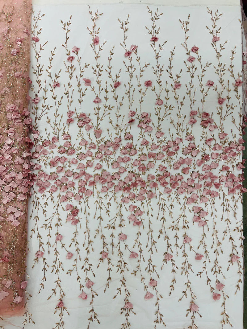 3D Glitter Floral Fabric - Dusty Rose - Floral Line Glitter Designs on Mesh Fabric Sold By Yard