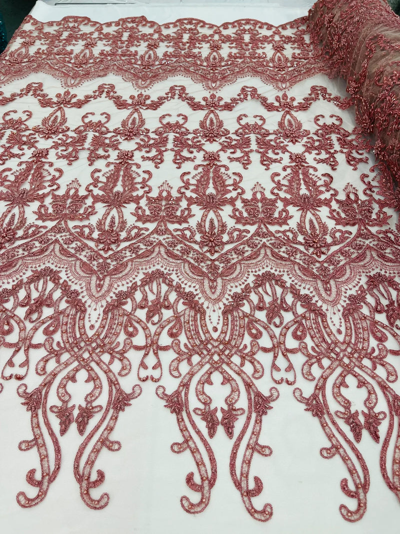 Damask Beaded Glam Fabric - Dusty Rose - Embroidery Beaded Fabric with Round Beads Sold By The Yard