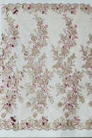Rose Plant Design Sequins Fabric - Dusty Rose - Embroidered Sequins Rose Pattern on Lace By Yard