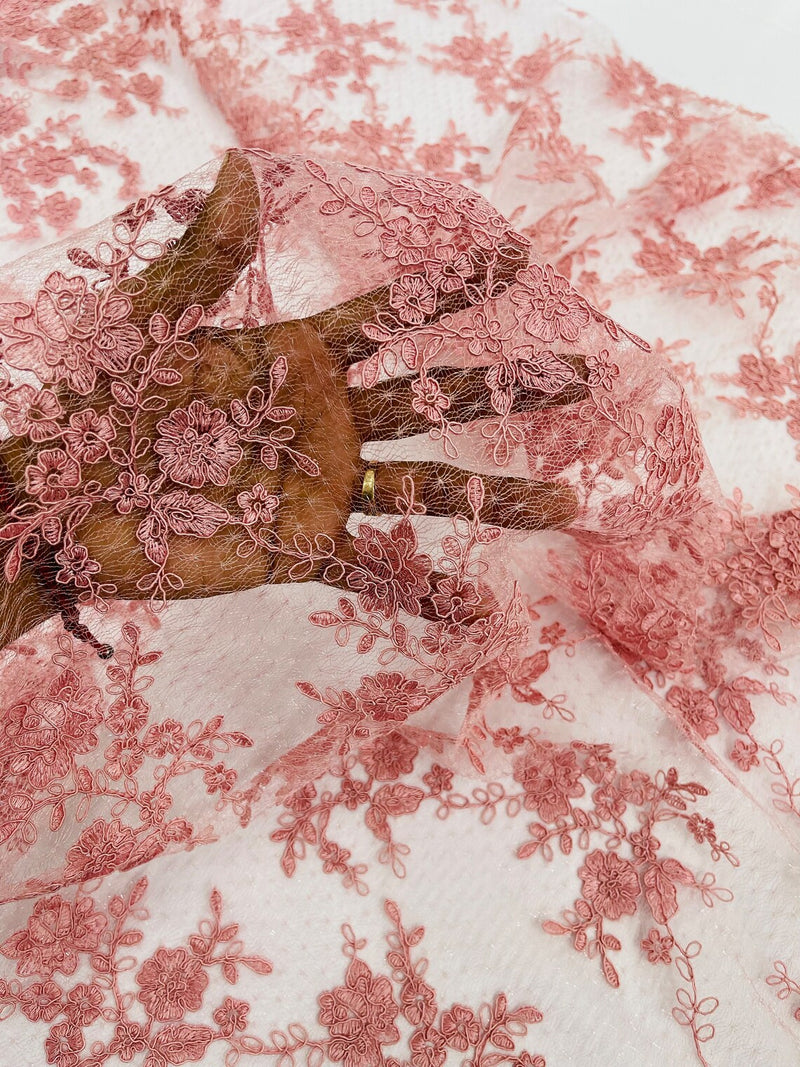 Floral Cluster Corded Fabric - Dusty Rose - Fancy Flower Embroidery Lace Mesh Fabric By Yard