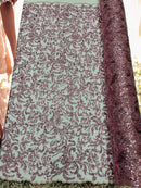 Floral Leaf Bead Fabric - Dusty Rose - Leaf Design Shiny Beads and Sequins on Lace Mesh by Yard