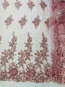 Rose Beaded Sequin Fabric - Dusty Rose - Embroidered Floral Pattern with Beads and Sequins By Yard