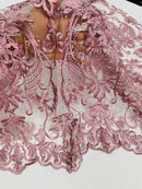 Rhinestone Design Fabric - Dusty Rose - Beaded Damask Design Embroidery Corded Lace  by Yard