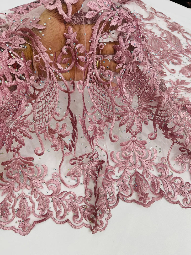 Dusty Rose Rhinestone Rhinestone Design Fabric - Dusty Rose - Beaded Damask Design Embroider