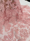 My Lady Beaded Fabric - Dusty Rose - Damask Beaded Sequins Embroidered Fabric By Yard
