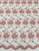 Jasmine Flower Fabric - Dusty Rose - Embroidered Floral Design Lace Mesh Bridal Fabric By Yard