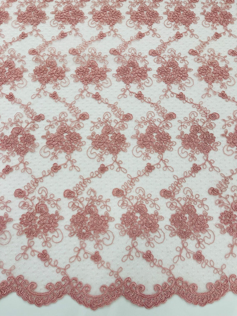 Jasmine Flower Fabric - Dusty Rose - Embroidered Floral Design Lace Mesh Bridal Fabric By Yard