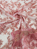 Sequin Lace Floral Fabric - Dusty Rose - Flower Embroidered Sequins Lace Fabric Sold By Yard