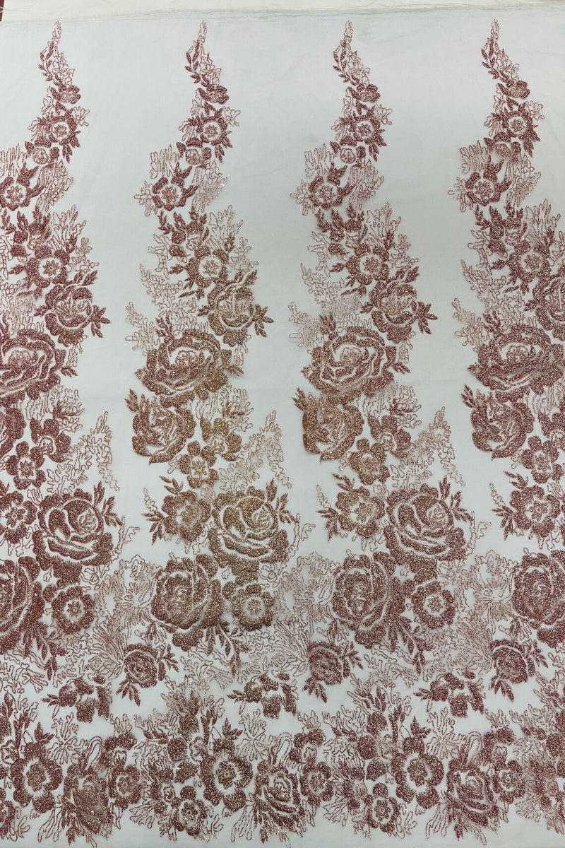 Rose Tulle Glitter Design Fabric - Dusty Rose - 3D Glitter Tulle Rose Plant Design Fabric By Yard