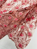 3D Floral Leaf Line Panels - Dusty Rose - 3D Embroidered Flower Lines with Pearls on Lace By Yard