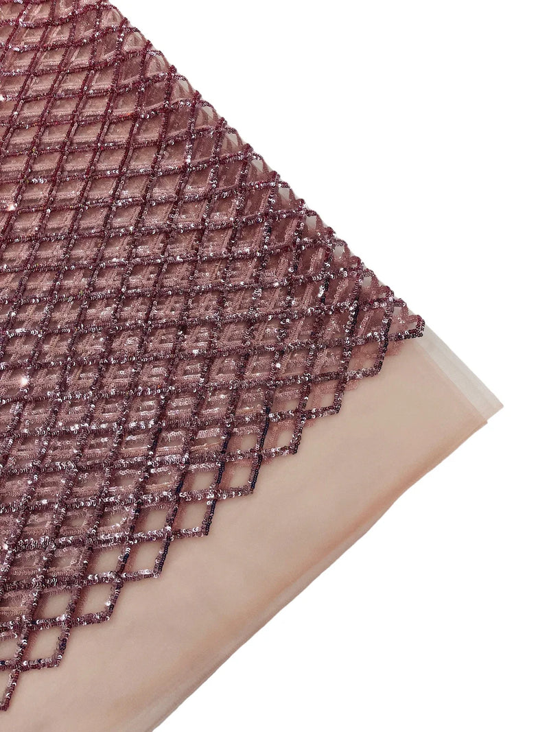 Diamond Net Sequins Fabric - Dusty Rose - Geometric Diamond Net Design on Mesh Lace Fabric By Yard