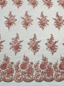 3D Floral Valentina Lace Fabric - Dusty Rose - Sequins and Beads on Flower Design Fabric By Yard