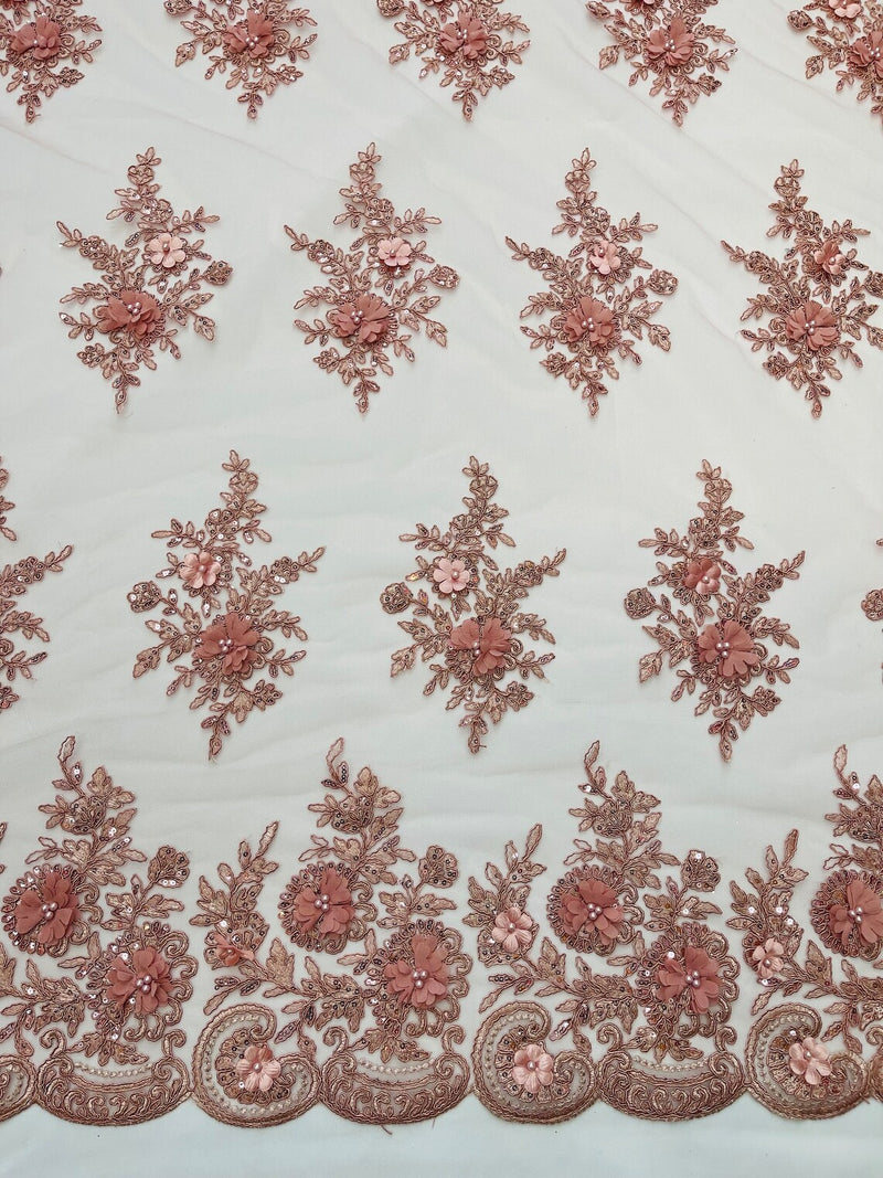 3D Floral Valentina Lace Fabric - Dusty Rose - Sequins and Beads on Flower Design Fabric By Yard