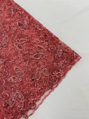 Butterfly Floral Lace Fabric - Dusty Rose - Butterfly Flower Metallic Design on Lace Fabric By Yard