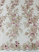 Rose Plant Design Sequins Fabric - Dusty Rose - Embroidered Sequins Rose Pattern on Lace By Yard
