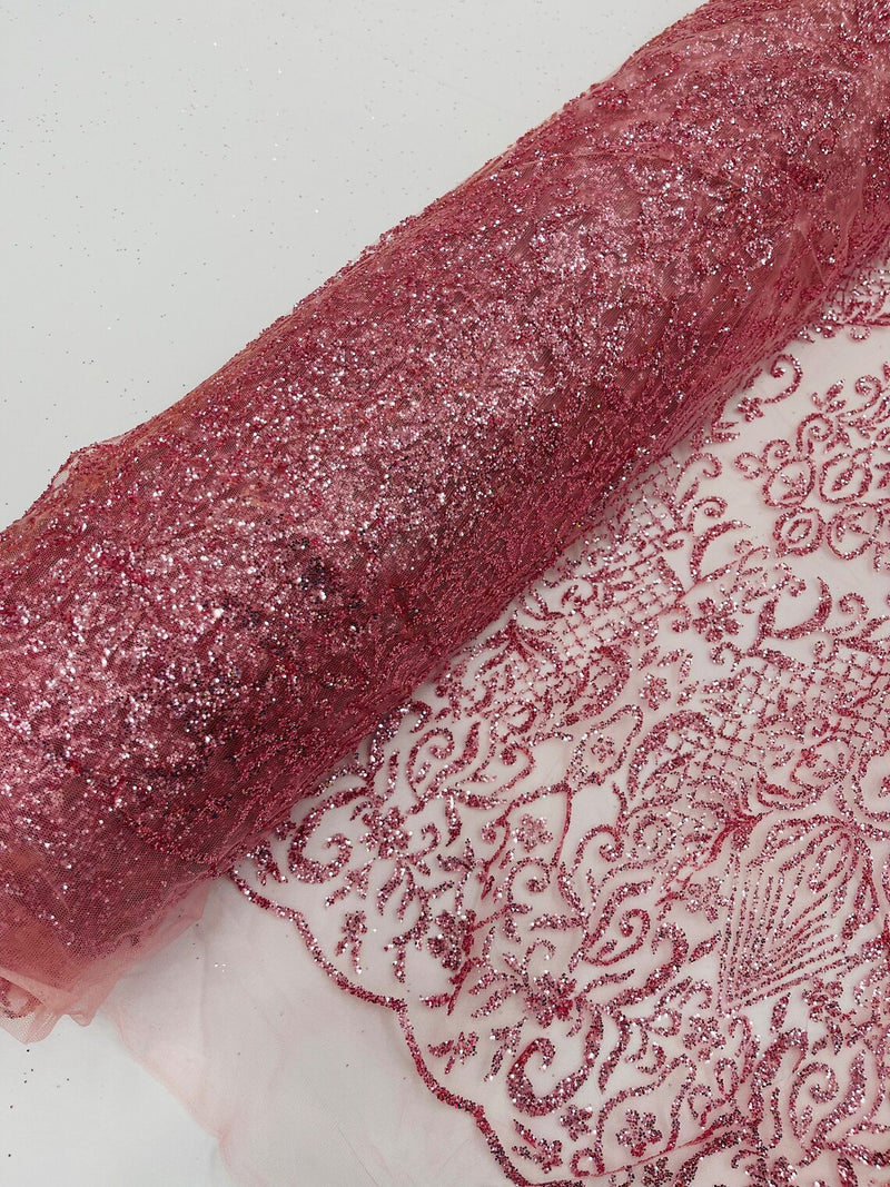 Long Damask Glitter Fabric - Dusty Rose - Tulle Glitter Mesh Glitter Design Fabric Sold By Yard