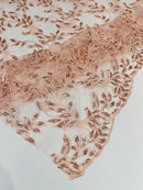 Dusty Rose Metallic Thread Leaf Design Embroidered With Sequins on a Mesh Lace Fabric by the Yard