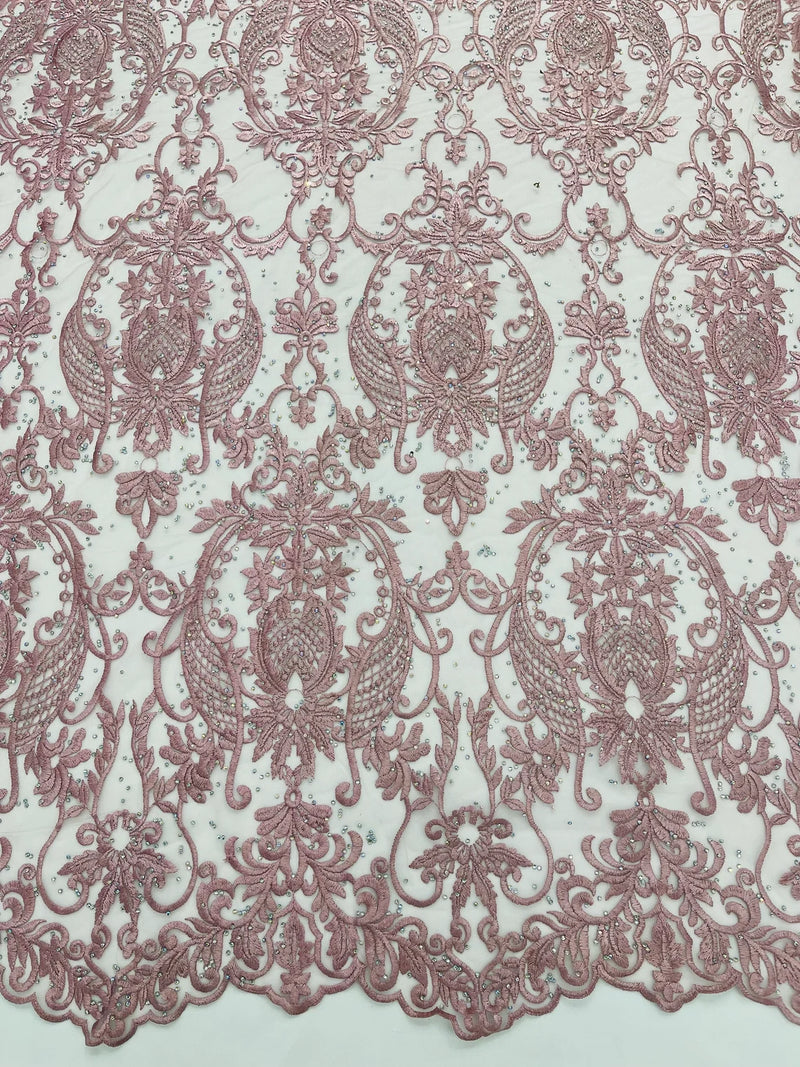 Rhinestone Design Fabric - Dusty Rose - Beaded Damask Design Embroidery Corded Lace  by Yard