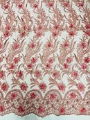 3D Floral Leaf Line Panels - Dusty Rose - 3D Embroidered Flower Lines with Pearls on Lace By Yard