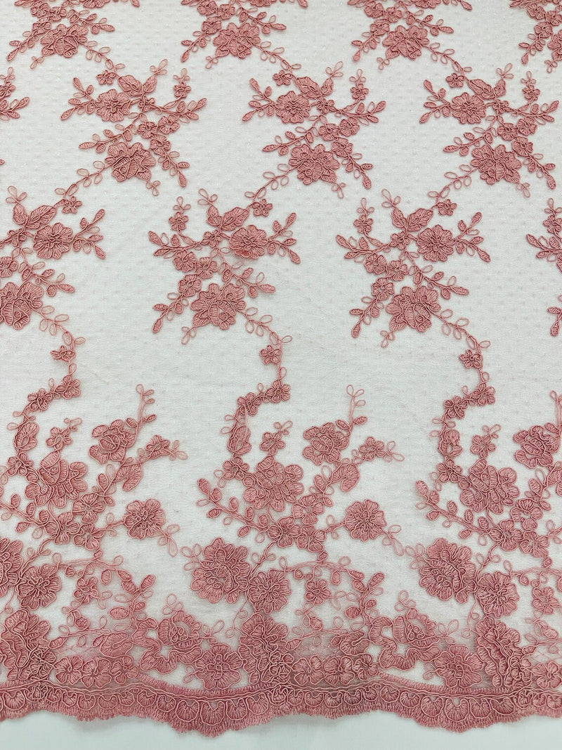 Floral Cluster Corded Fabric - Dusty Rose - Fancy Flower Embroidery Lace Mesh Fabric By Yard