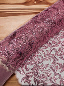 Floral Leaf Bead Fabric - Dusty Rose - Leaf Design Shiny Beads and Sequins on Lace Mesh by Yard