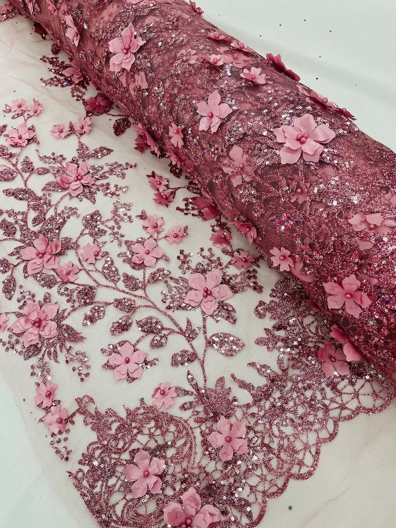 3D Glitter Floral Fabric - Dusty Rose - Glitter Sequin Flower Design on Lace Mesh Fabric by Yard